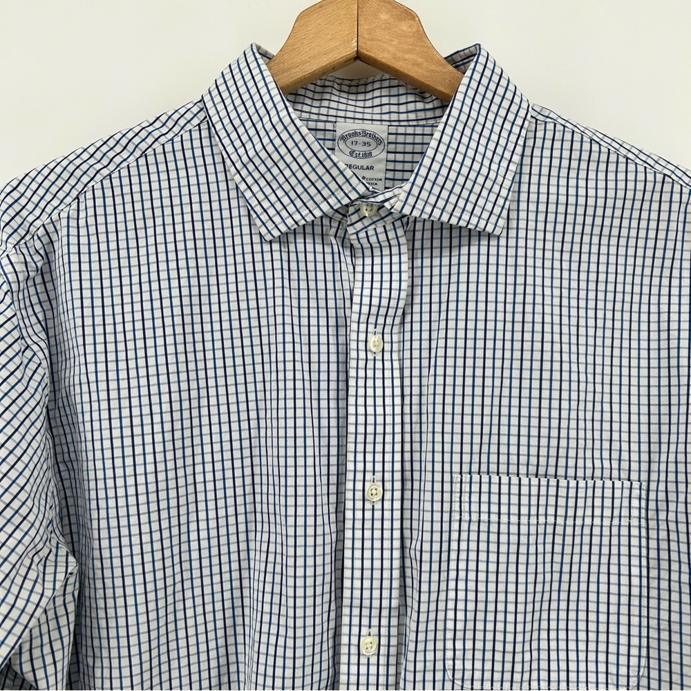 Brooks Brothers 1818 Shirt Mens 17-35 White Blue Check Plaid Long Sleeve Regular